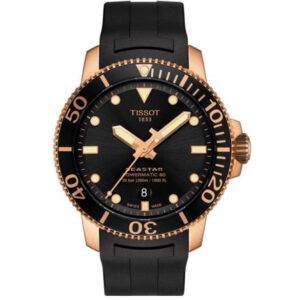 Reloj de caballero de Tissot Seaster Powermatic 80 en negro y oro rosa
