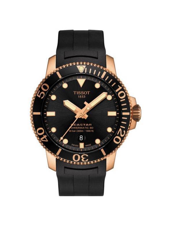 Reloj de caballero de Tissot Seaster Powermatic 80 en negro y oro rosa
