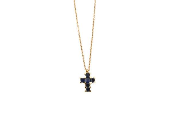 Cruz de oro rosa y zafiros azules