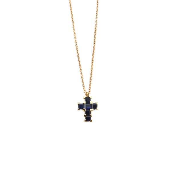 Cruz de oro rosa y zafiros azules