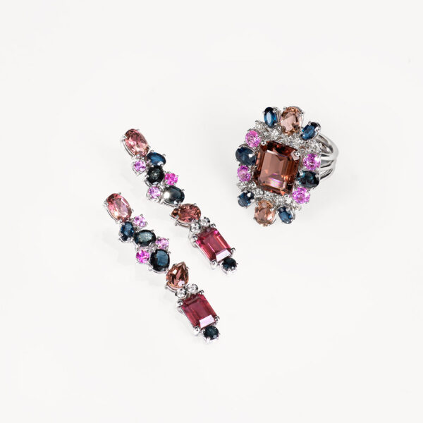Conjunto de sortija y pendientes de Mangiarotti con turmalina y zafiro rosa_Joyeria Suiza