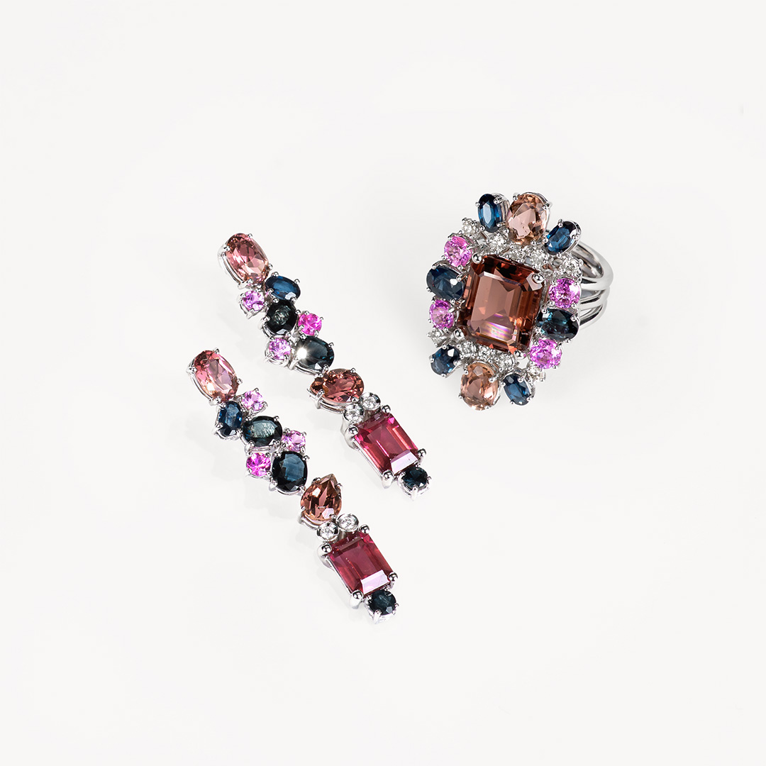 Conjunto de sortija y pendientes de Mangiarotti con turmalina y zafiro rosa_Joyeria Suiza